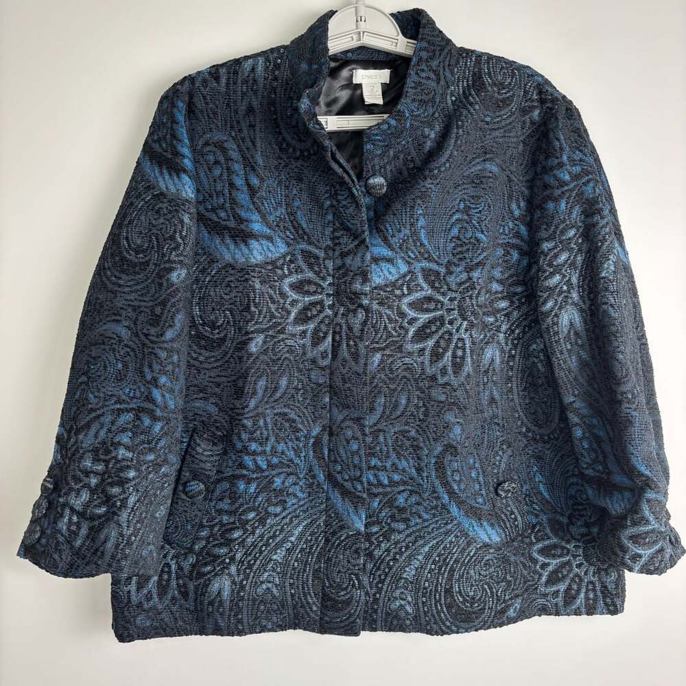 CHICO'S Black Blue Paisley Floral Brocade Blazer Women L Mock Neck Hidden Button